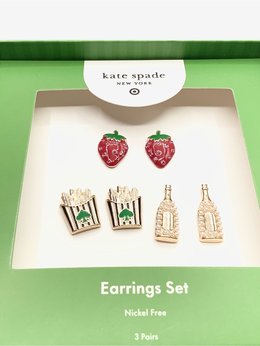 kate spade Strawberry, Gold Fry & Pearl Bottle Stud Earring Set - Red/Gold/Green